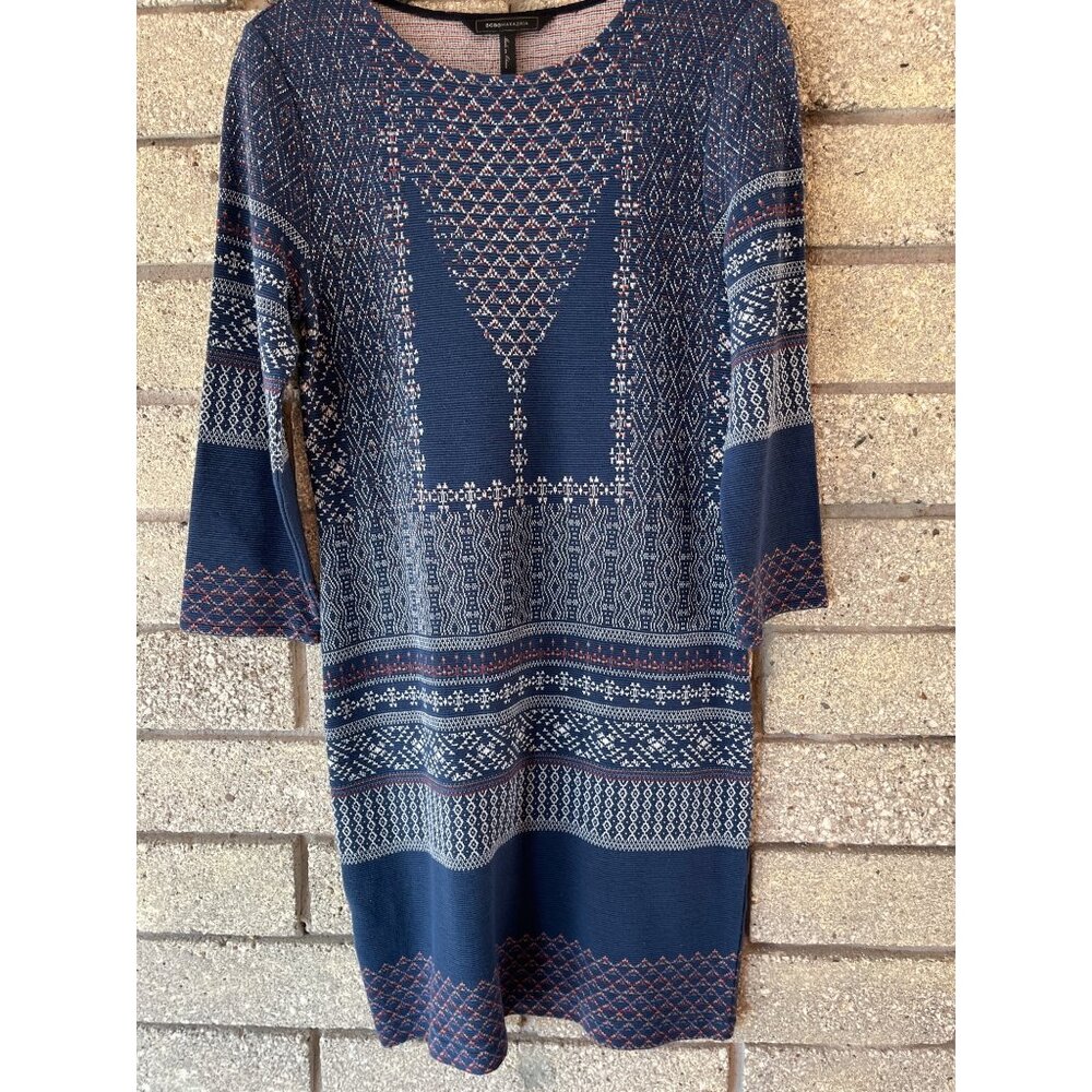 BCBGMAXAZRIA Navy Fair Isle Knit Sweater Dress With 3/4 Sleeves Size S